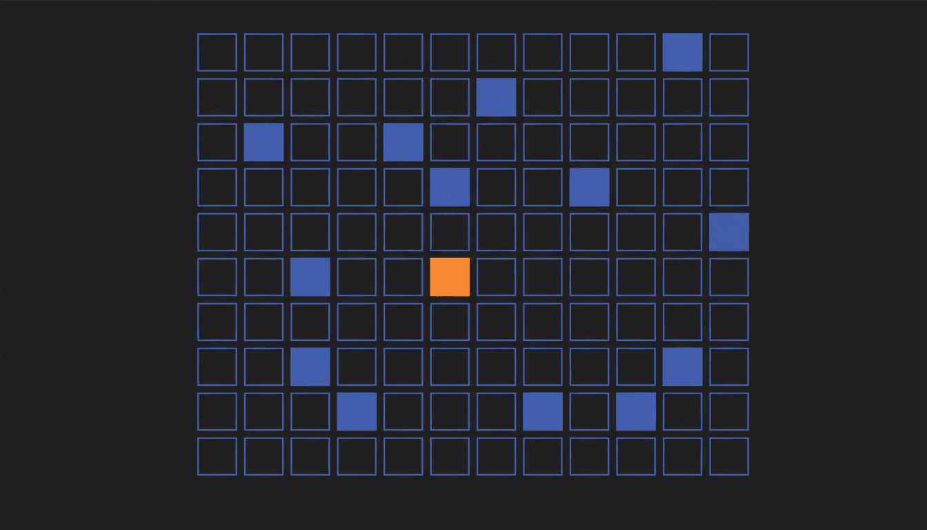 Abstracte weergave van een matrix: een raster waarin sommige combinaties gevuld zijn en de meeste leeg blijven